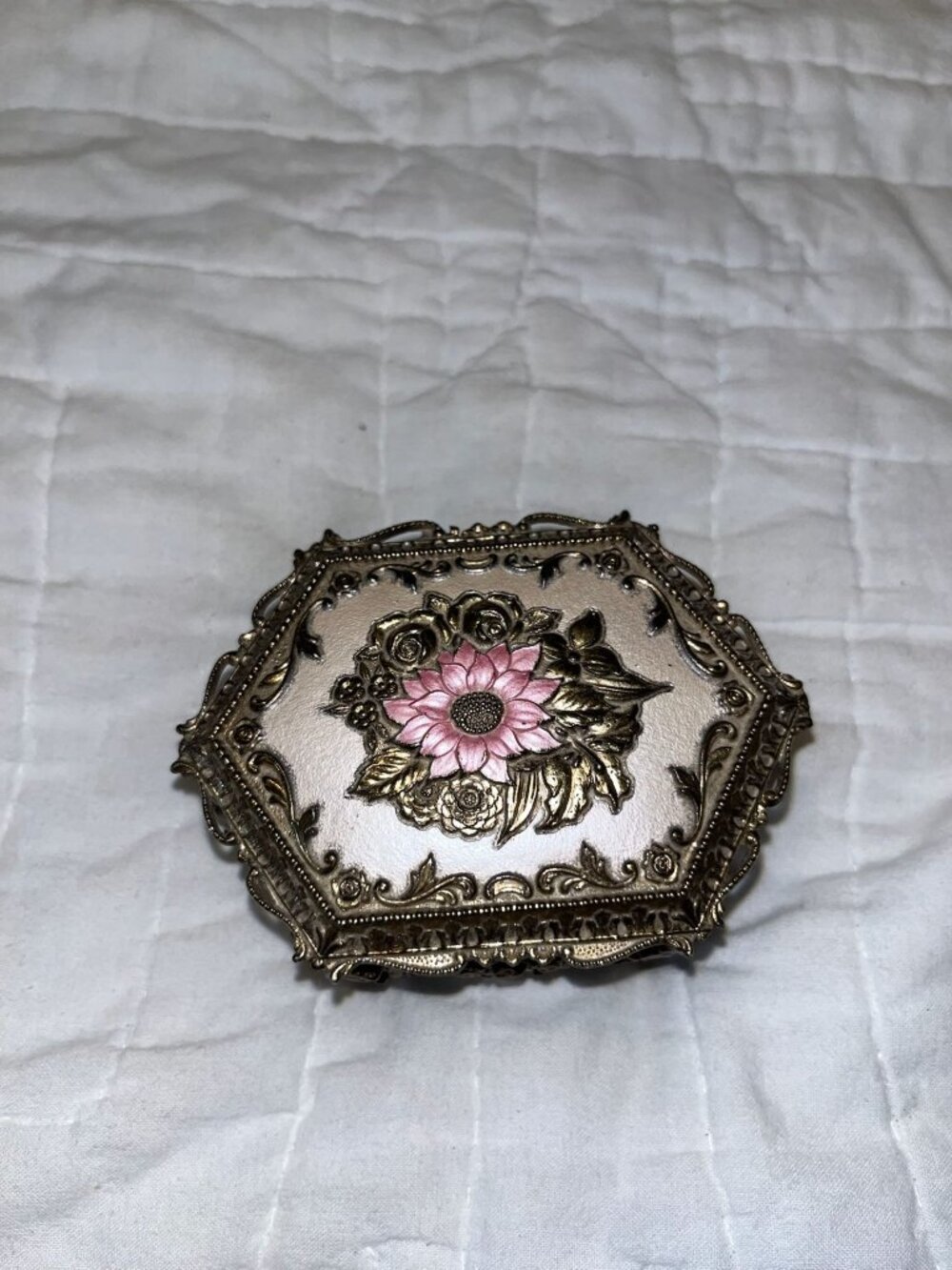 Vintage Hexagonal Jewelry Trinket Box With Ornate Floral Design & Red Velvet Lin